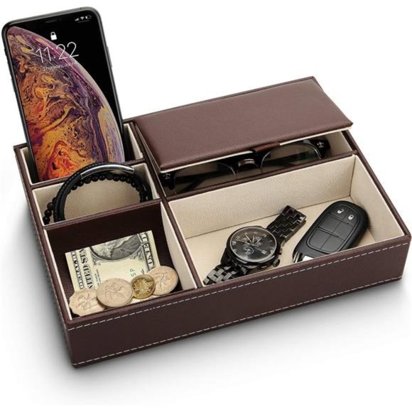 Mens Valet Tray Organizer -Leather Nightstand Dresser Top Box with 5 Compartment - Picture 1 of 7